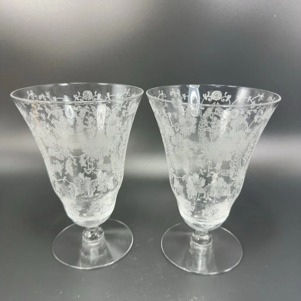 Vintage‎ Viking Glass PRELUDE Etched Clear Footed Glasses Cups Tumblers Set 2
